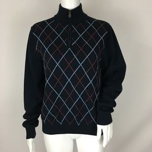 Navy Blue Argyle 1/4 Zip Mock Neck Sweater Size S